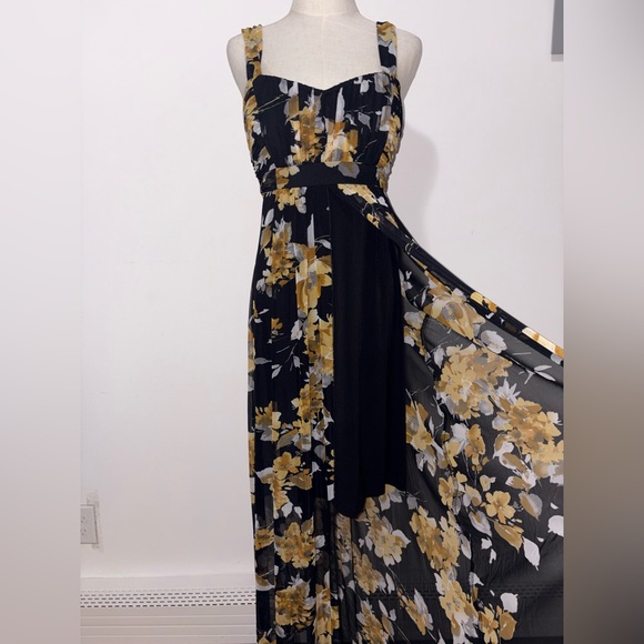 NWT Connected Apparel Y2K Babydoll Mustard Floral Chiffon Overlay Maxi Dress 12 - Picture 2 of 12
